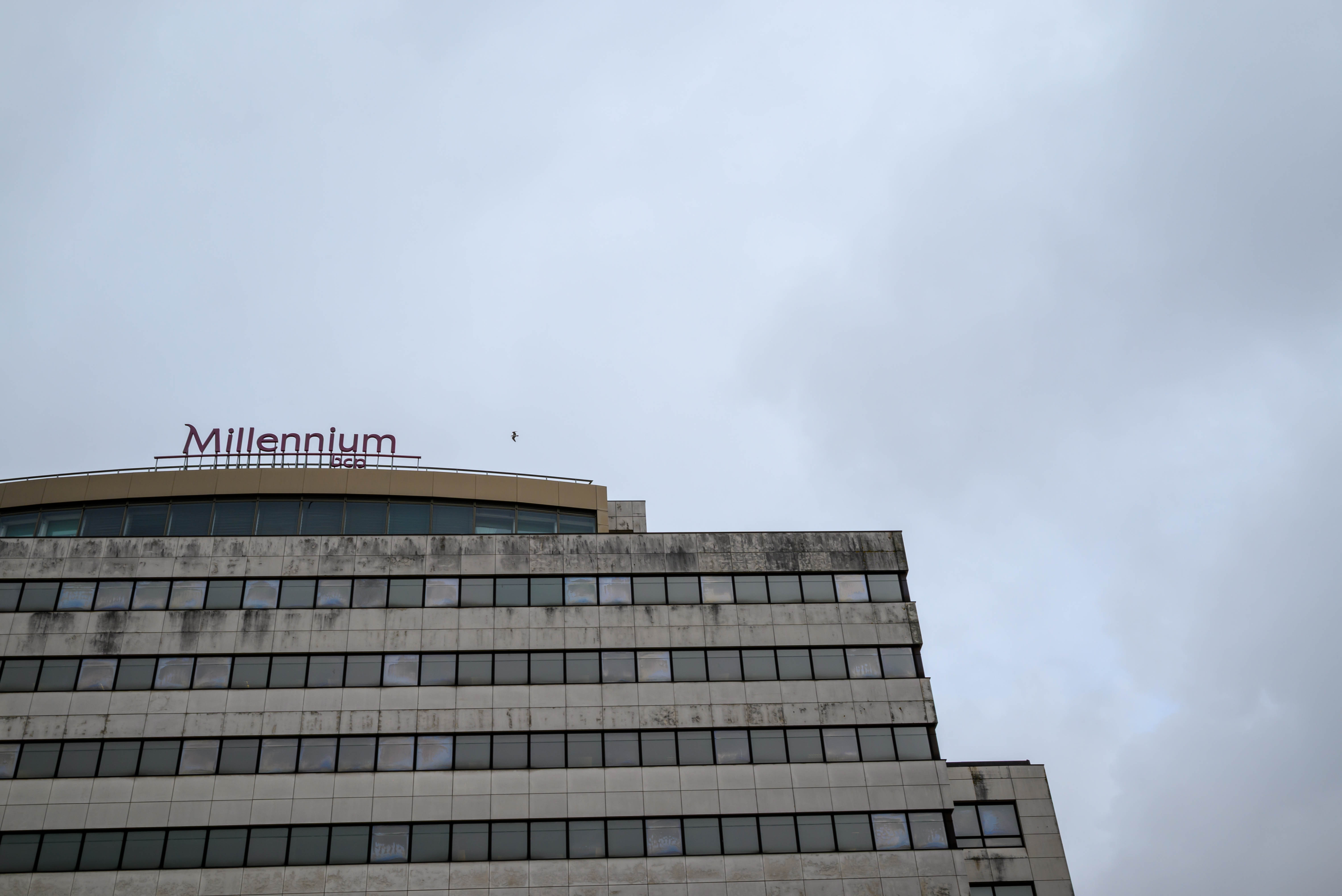Grey overcast sky above a weathered office tower with a 'Millennium bcp' rooftop sign and a seagull in flight.
