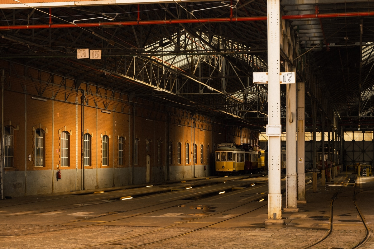 Tram inside a maintenance shed