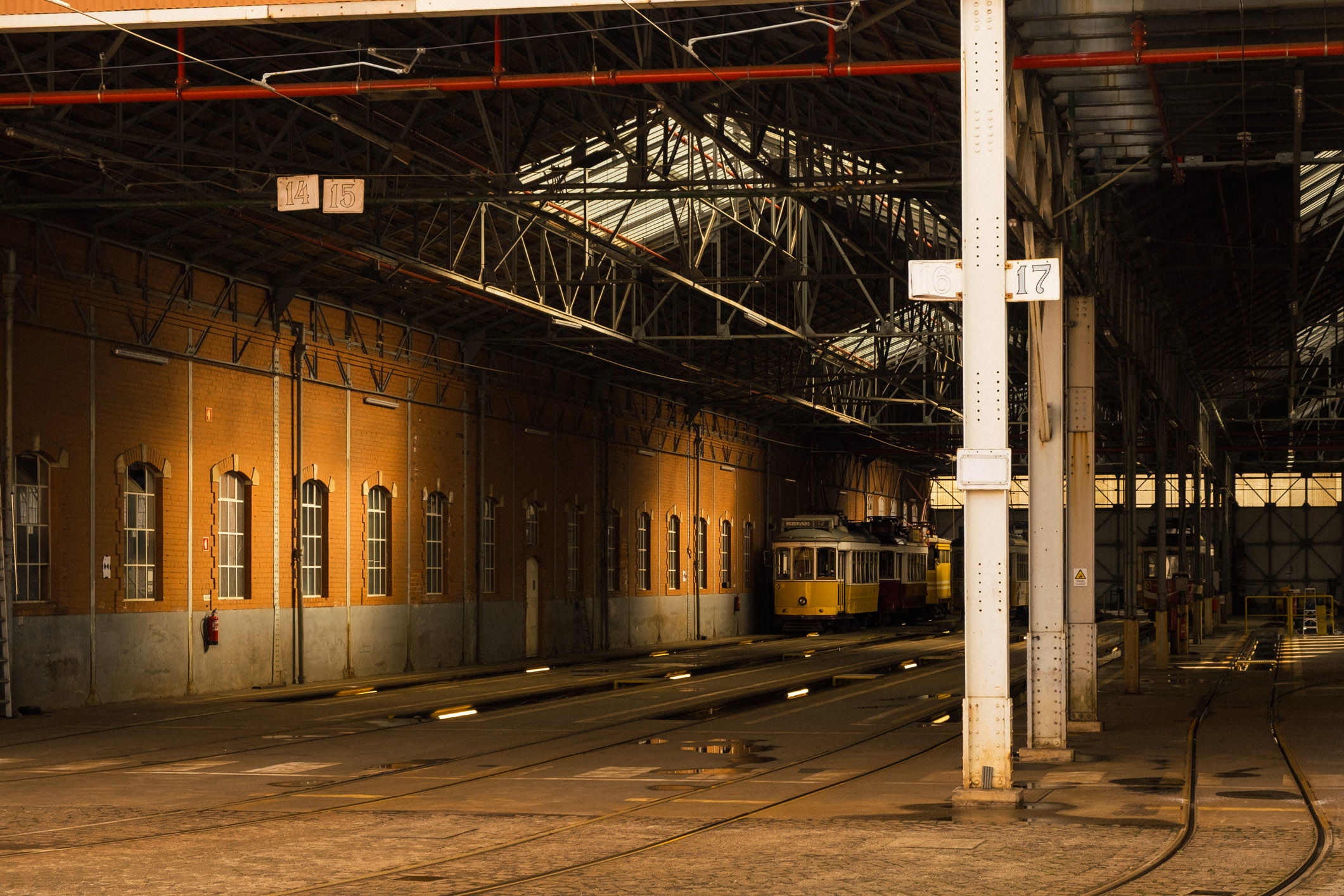 Tram inside a maintenance shed
